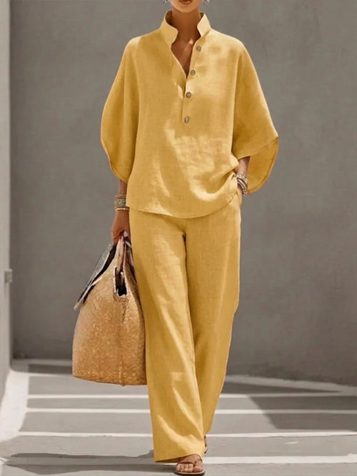 Baroness | Linen set with batwing sleeves and wide-leg trousers