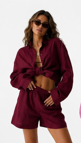 Coastal Luxe Linen Set Color Cozy Lapel Long Sleeve Shirt Summer New Elastic Waist Shorts Suits