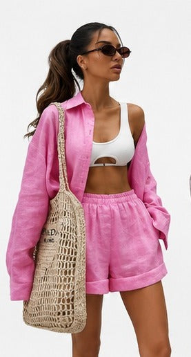 Coastal Luxe Linen Set Color Cozy Lapel Long Sleeve Shirt Summer New Elastic Waist Shorts Suits