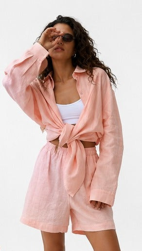 Coastal Luxe Linen Set Color Cozy Lapel Long Sleeve Shirt Summer New Elastic Waist Shorts Suits