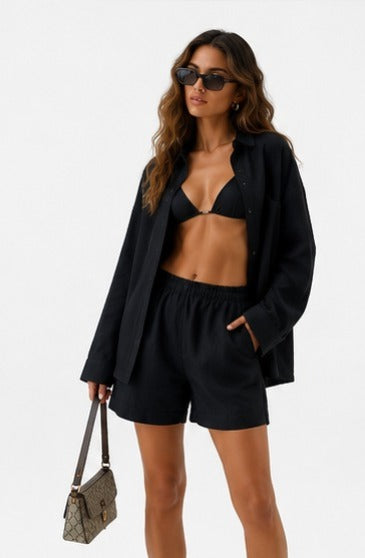 Coastal Luxe Linen Set Color Cozy Lapel Long Sleeve Shirt Summer New Elastic Waist Shorts Suits