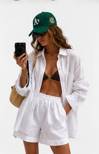Coastal Luxe Linen Set Color Cozy Lapel Long Sleeve Shirt Summer New Elastic Waist Shorts Suits