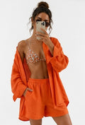 Coastal Luxe Linen Set Color Cozy Lapel Long Sleeve Shirt Summer New Elastic Waist Shorts Suits